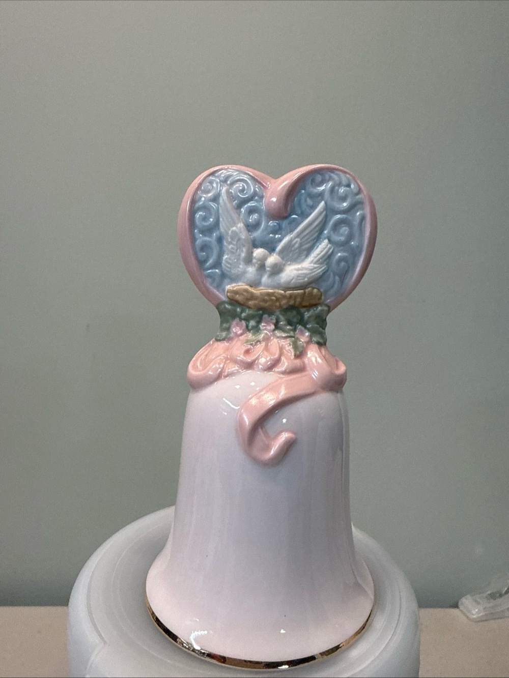 1995 Avon Collectible Bell Pink Heart Dove Porcelain Bell Wedding Love Decor